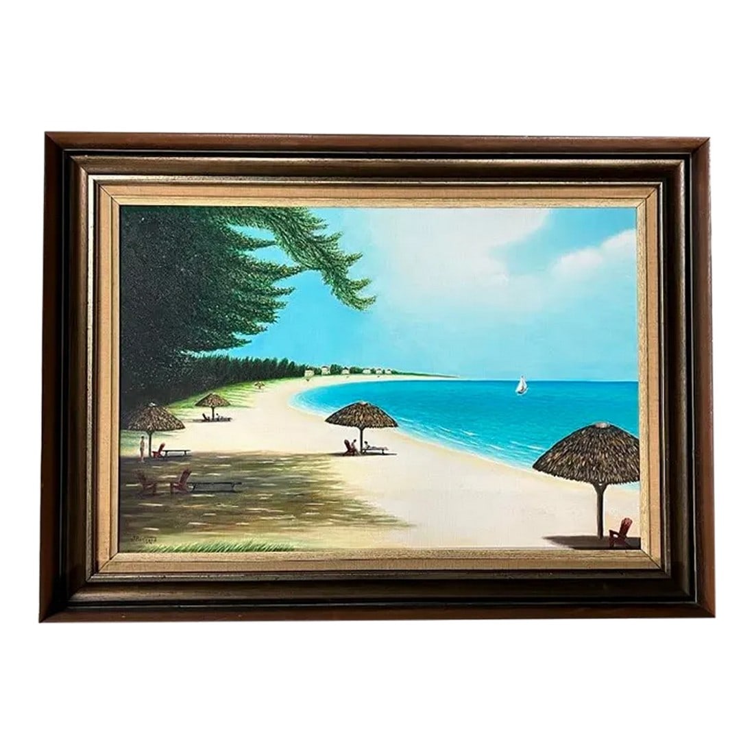 Varadero Beach Original Art by J. Bertrand, 1970: This original oil on canvas painting depicts the world famous Varadero Beach. It was painted in 1970 by Cuban painter JBertrand. Its framed in a dark brown wood frame and its colors highlight the