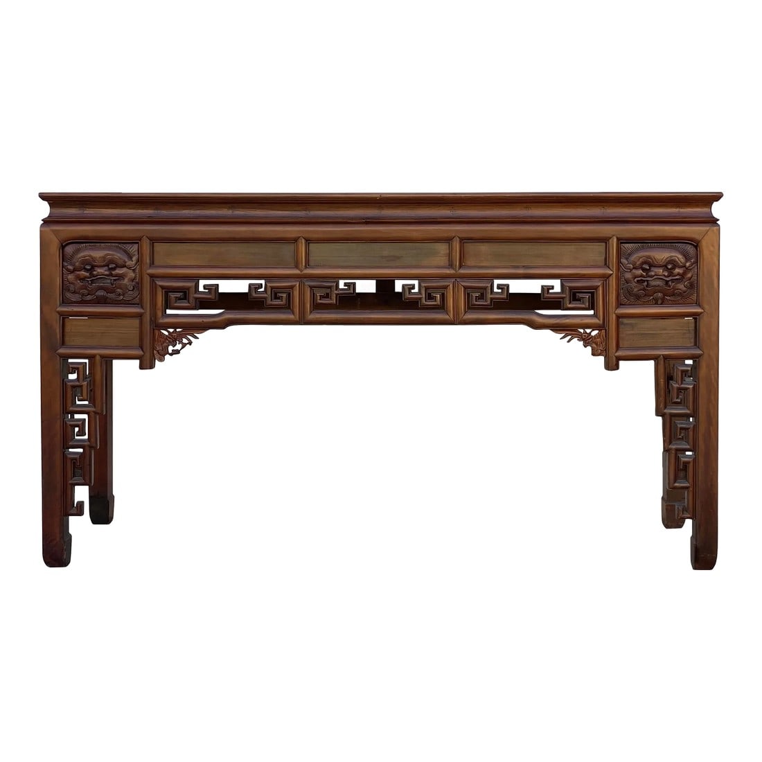Chinese Vintage Wood Foo Dog Scroll Motif Tall Console Altar Table: This is a handmade Chinese accent decorative altar table in a rectangular shape. It is made of wood stained with medium brown color. There is a Luyi scroll accent pattern at the front. The drawer is c