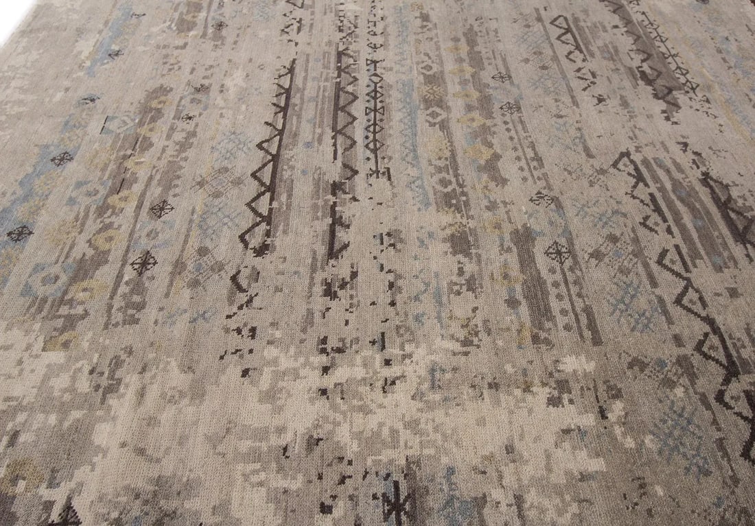 Contemporary Indian Handmade Gray Geometric Wool Rug - 3