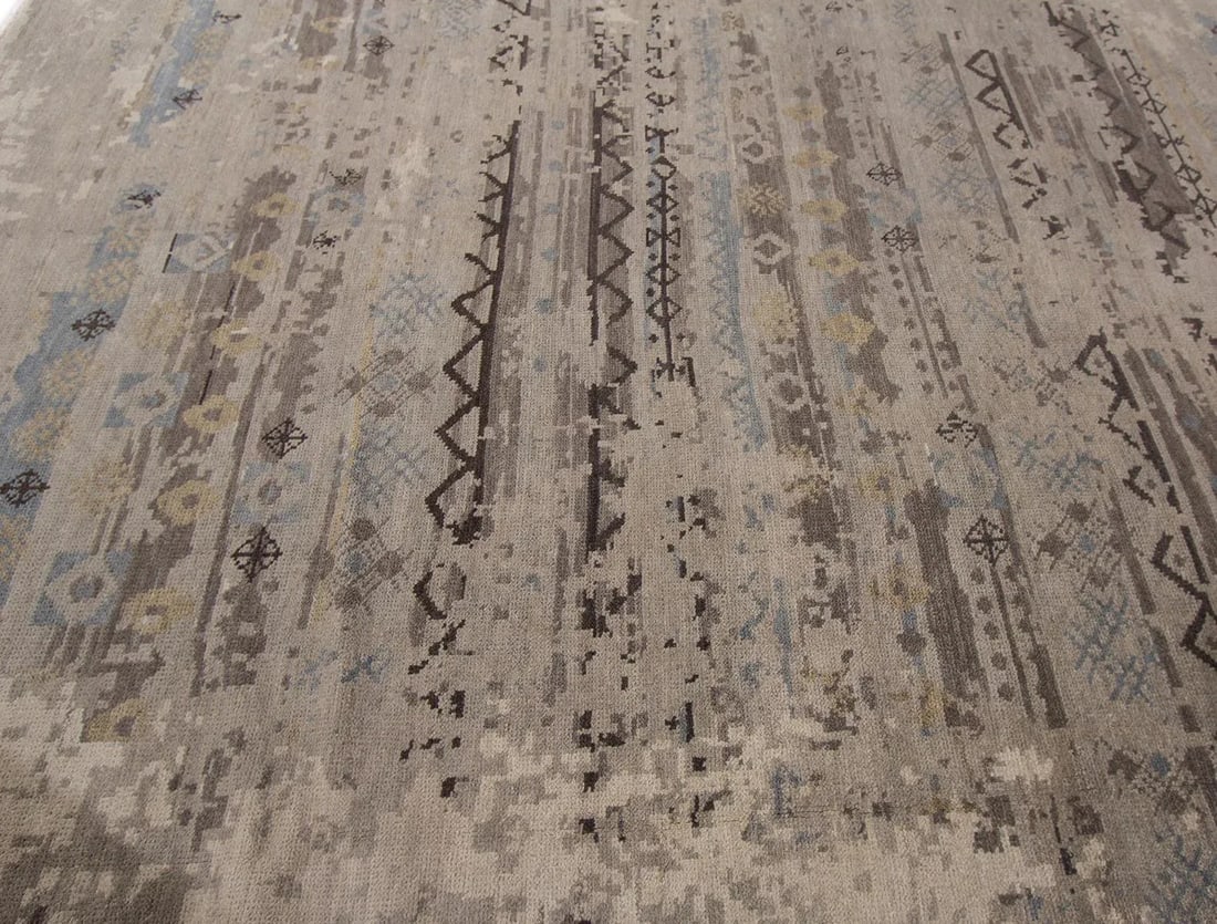 Contemporary Indian Handmade Gray Geometric Wool Rug - 4