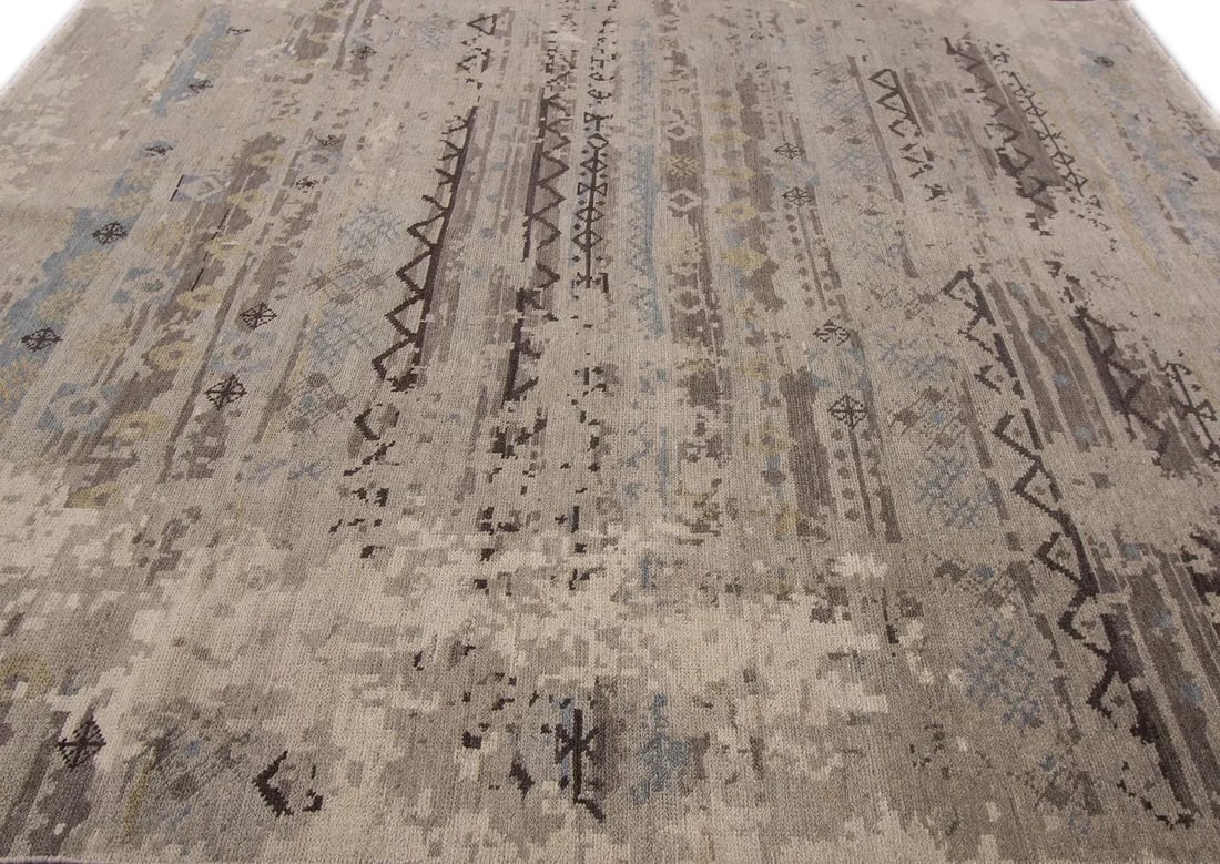 Contemporary Indian Handmade Gray Geometric Wool Rug - 5