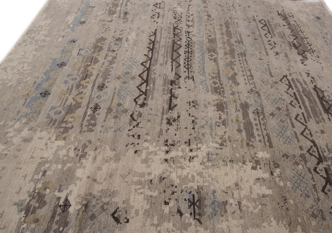 Contemporary Indian Handmade Gray Geometric Wool Rug - 6