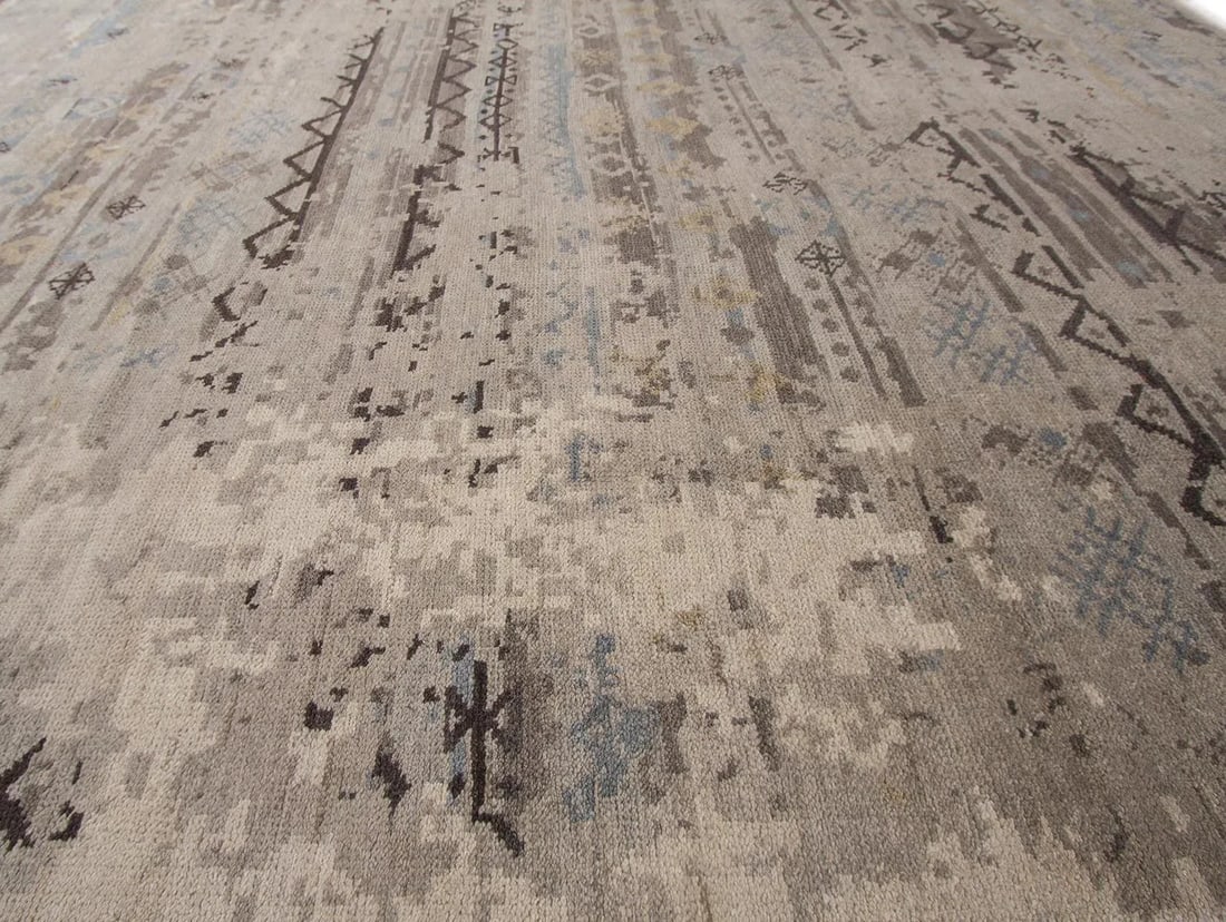 Contemporary Indian Handmade Gray Geometric Wool Rug - 7