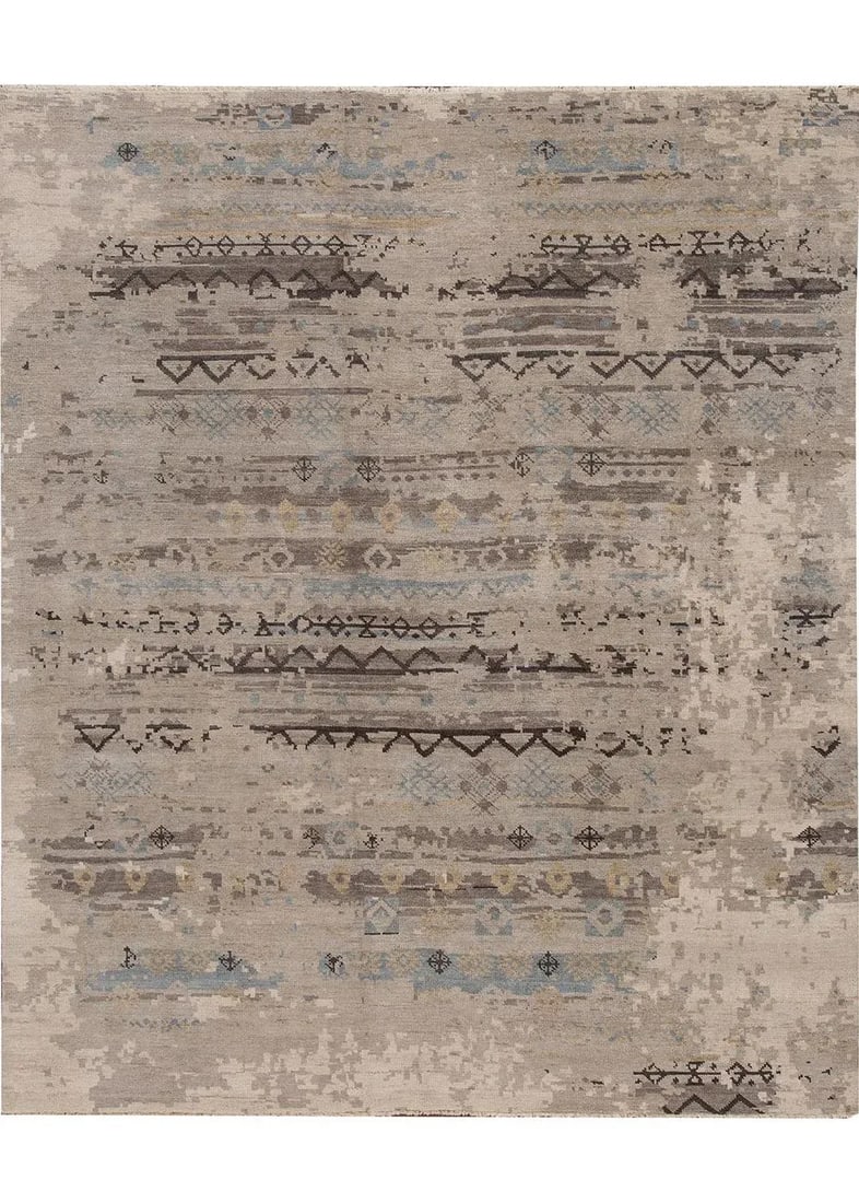 Contemporary Indian Handmade Gray Geometric Wool Rug - 8