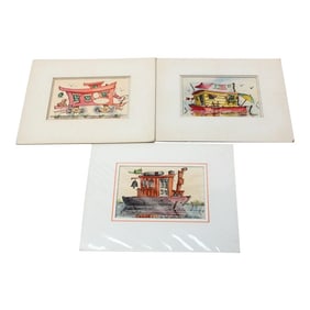 Set of Three Stanley C. Brodey "Houseboat" Watercolors