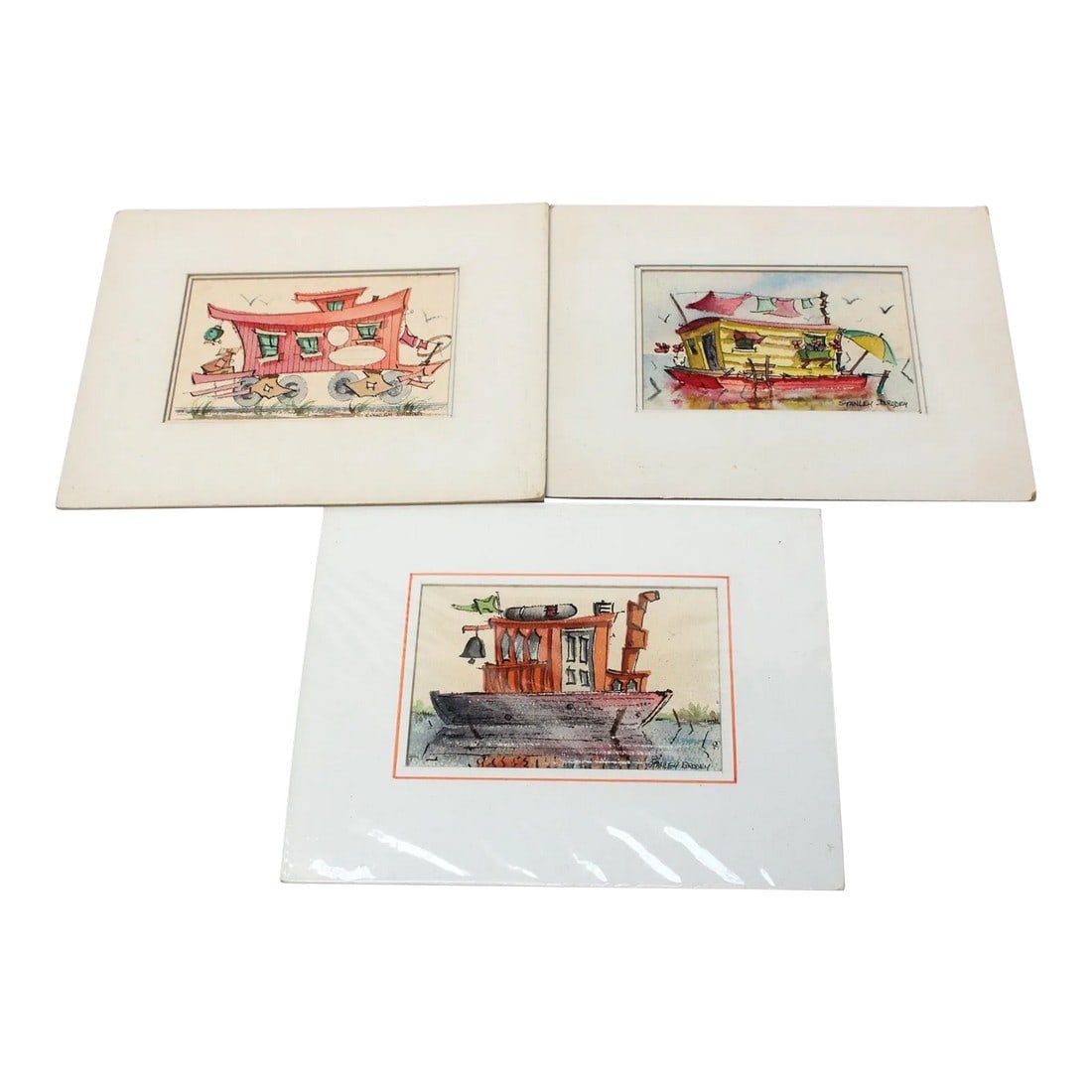 Set of Three Stanley C. Brodey "Houseboat" Watercolors (1 of 7)