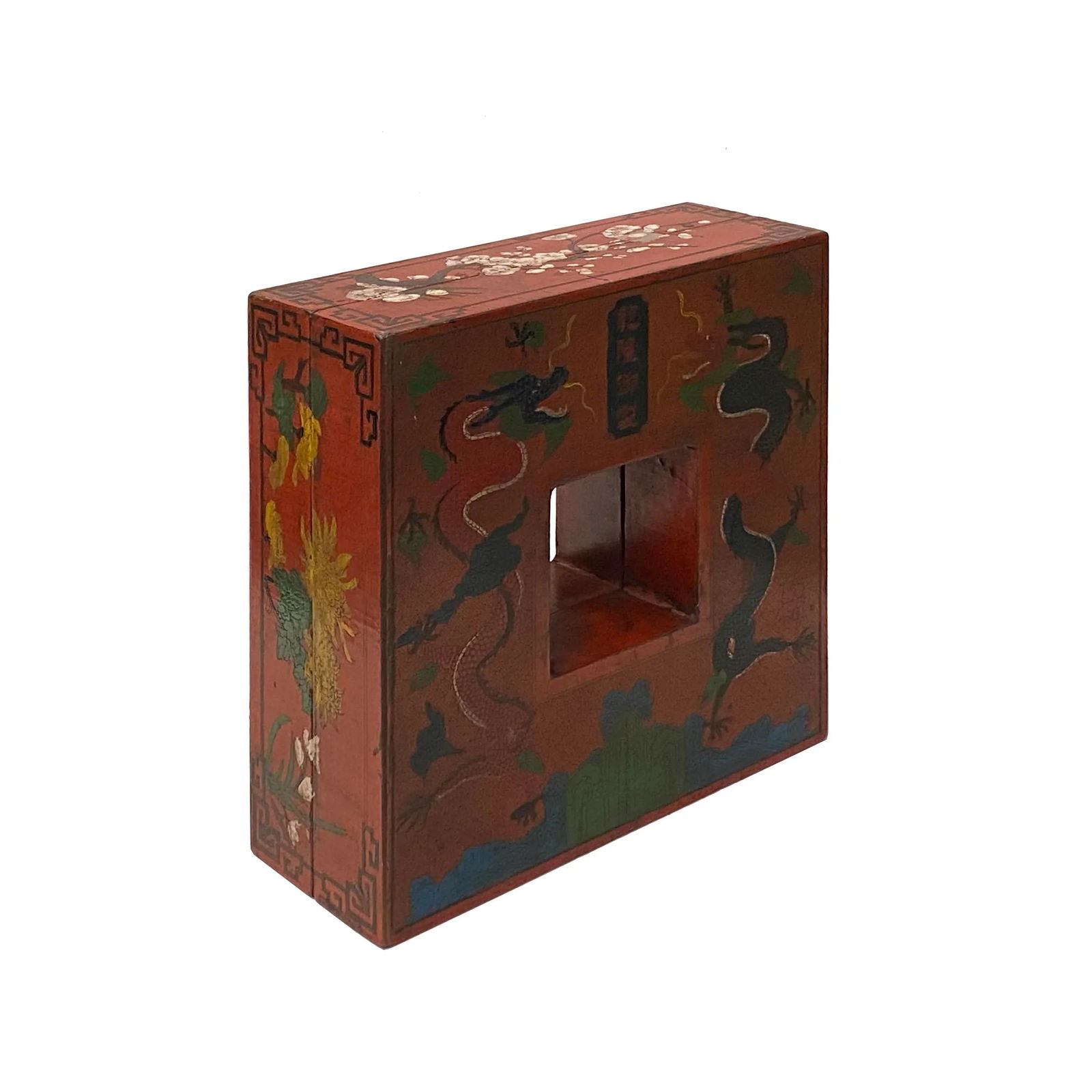 Chinese Distressed Brick Red Dragon Graphic Square Shape Box - 2