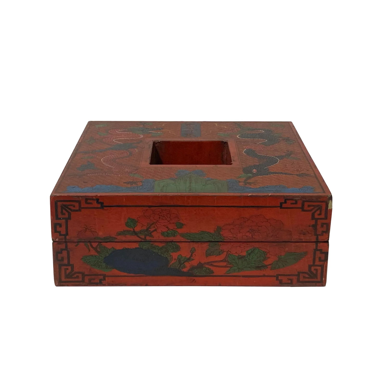 Chinese Distressed Brick Red Dragon Graphic Square Shape Box - 4