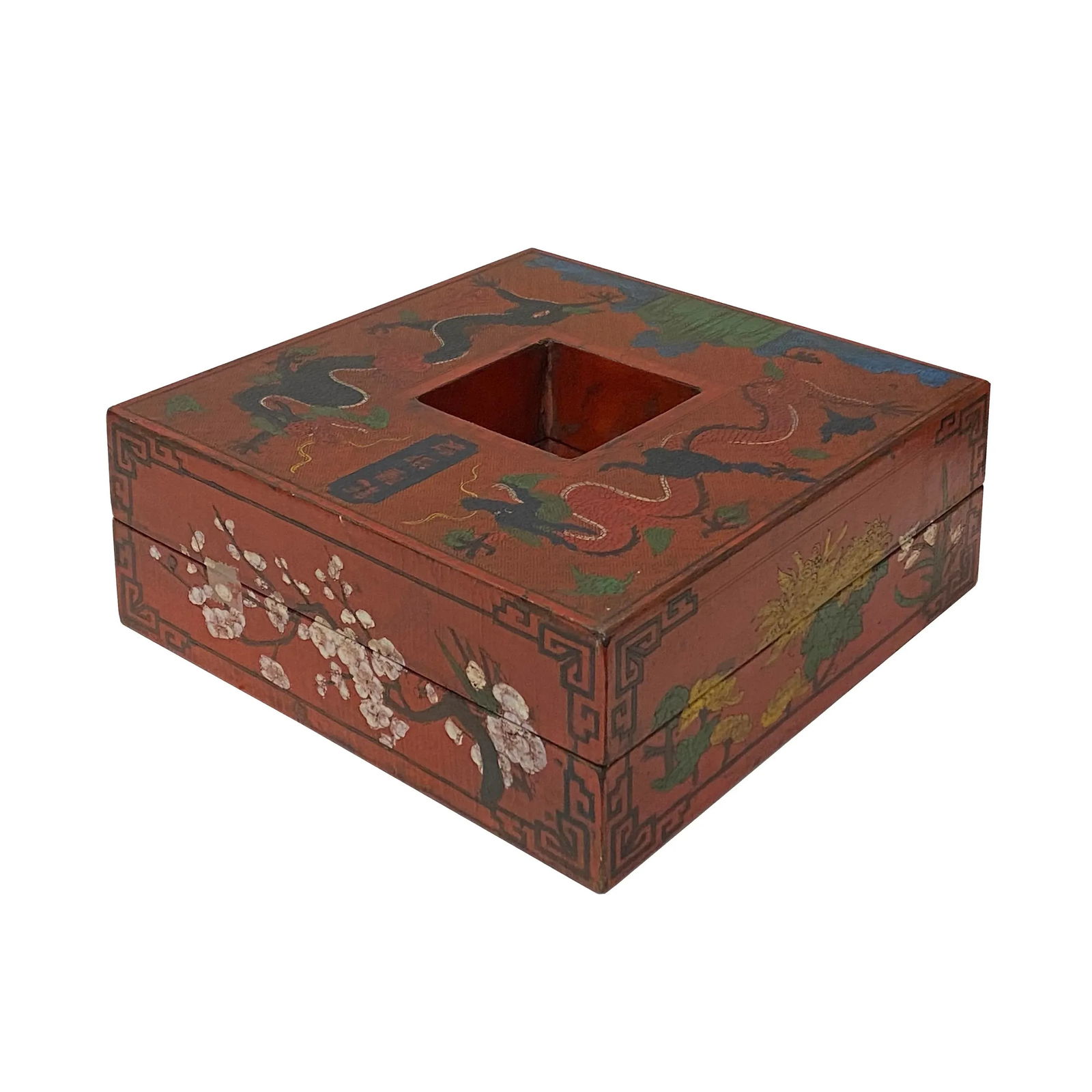 Chinese Distressed Brick Red Dragon Graphic Square Shape Box - 5