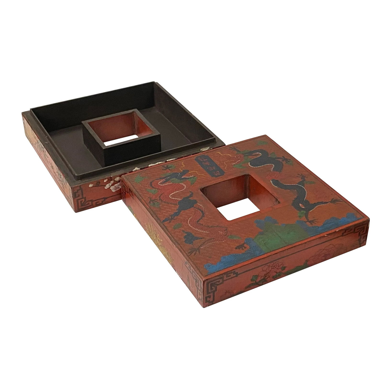 Chinese Distressed Brick Red Dragon Graphic Square Shape Box - 7