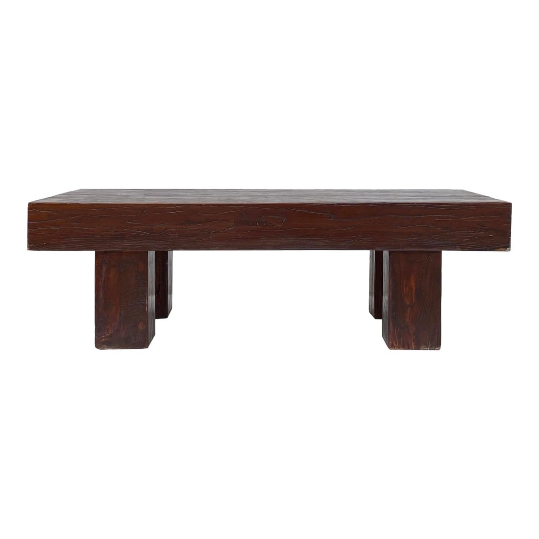 Brown Rectangular Bold Thick Wood Rough Grain Coffee Table Bench: Handmade Heavy Thick Natural Solid Wood Coffee Table, Bench, or Dining Table – Rustic Elm Wood, Simple Design, Rectangular Shape Add a touch of rustic charm to your home with this handmade heavy