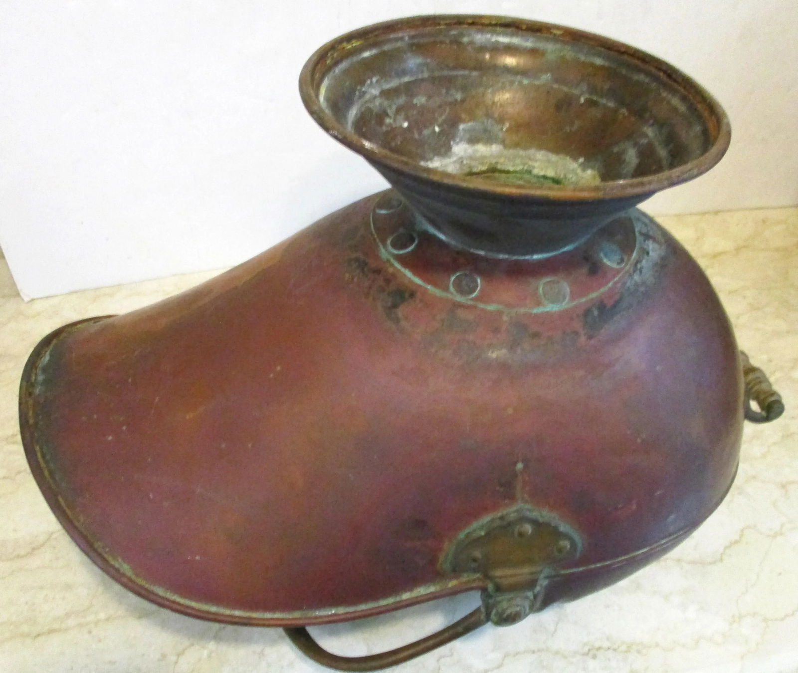 Large Antique Victorian Helmet Coal Scuttle and Scoop English Copper - Set of 2 - 10