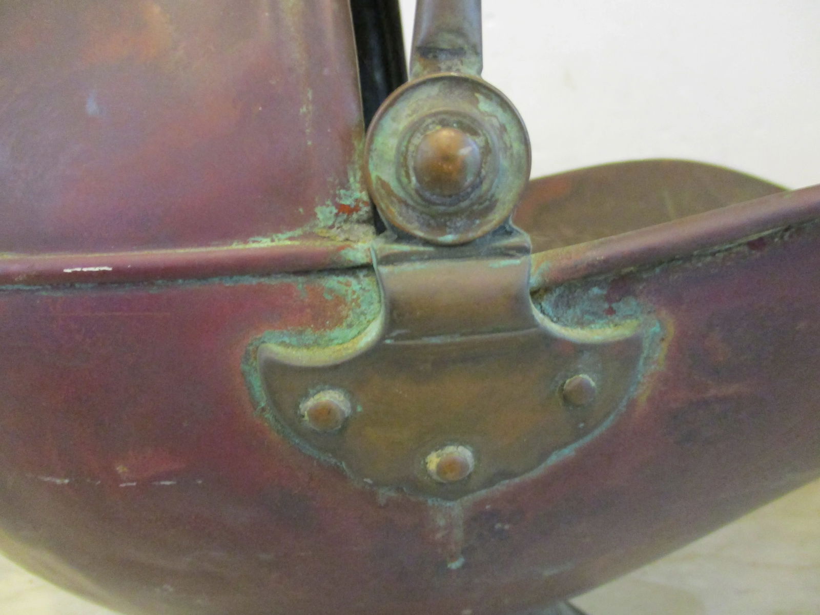 Large Antique Victorian Helmet Coal Scuttle and Scoop English Copper - Set of 2 - 11