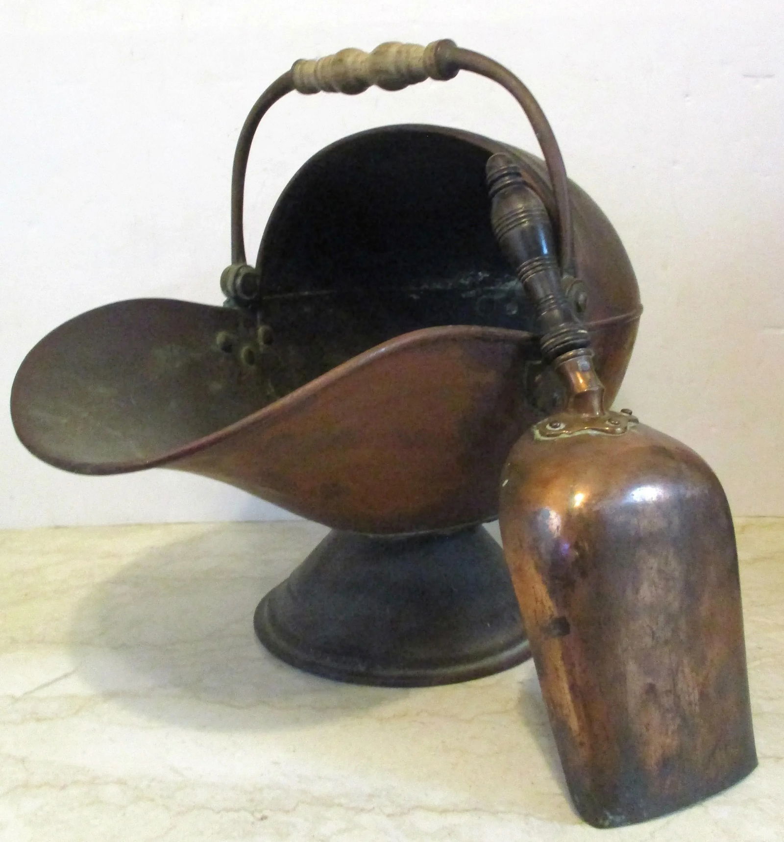 Large Antique Victorian Helmet Coal Scuttle and Scoop English Copper - Set of 2 - 13