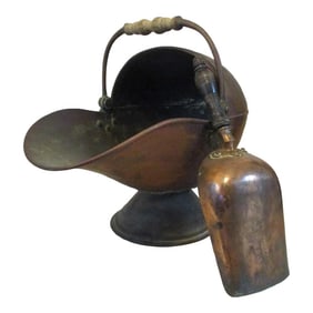 Large Antique Victorian Helmet Coal Scuttle and Scoop English Copper - Set of 2