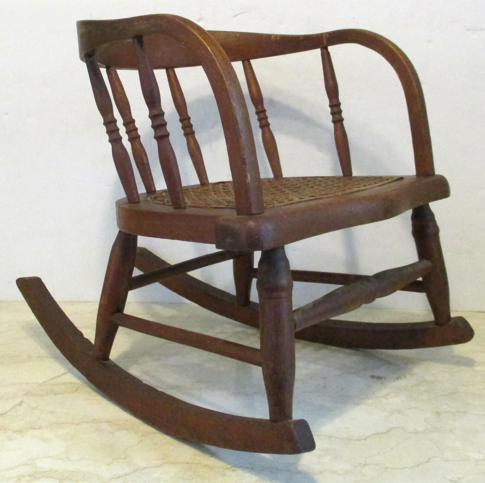 Antique Oak Curved Back Hand Woven Cane Seat Children's Rocking Chair - 13