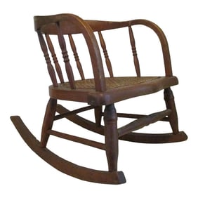 Antique Oak Curved Back Hand Woven Cane Seat Children's Rocking Chair