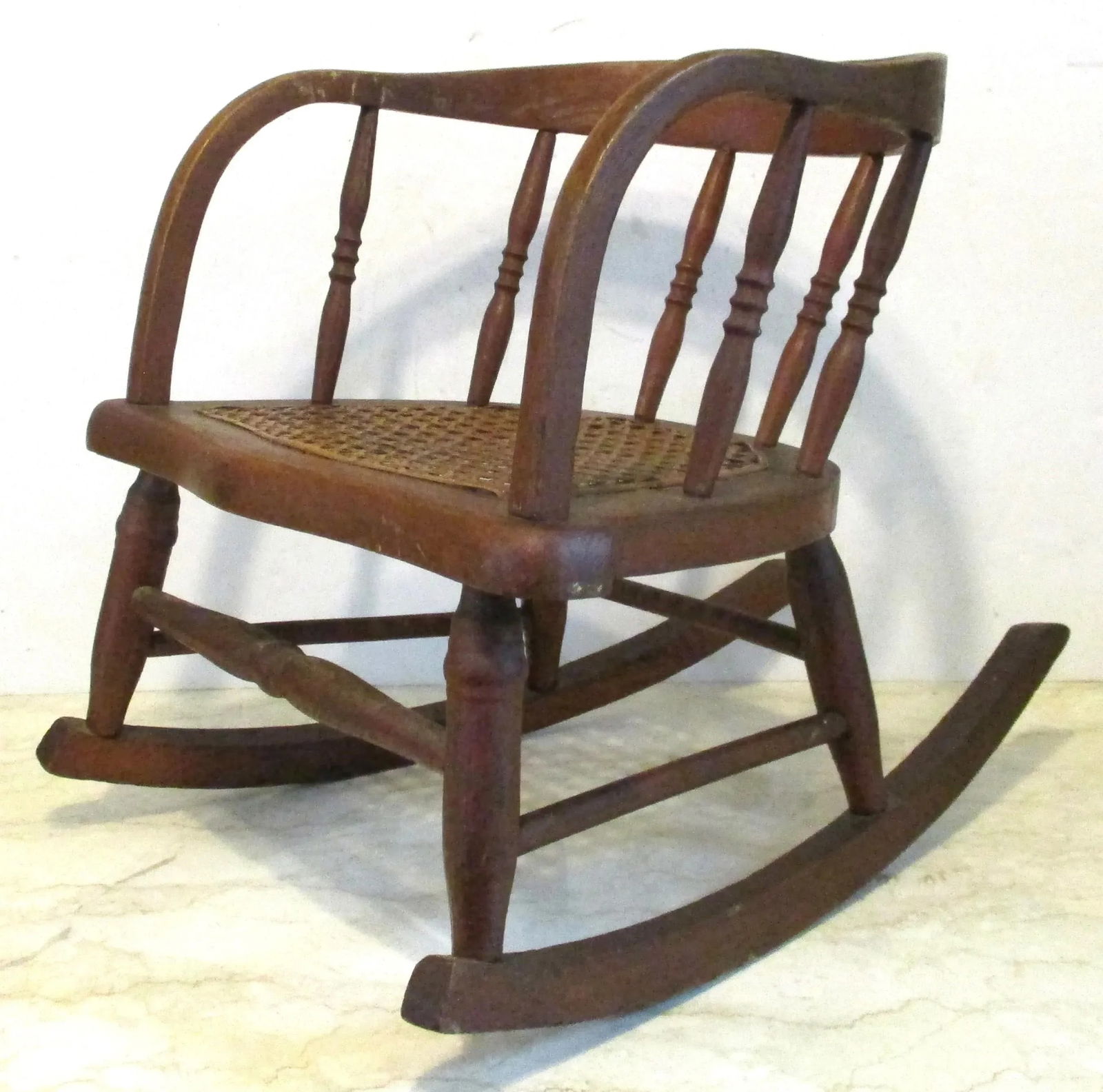 Antique Oak Curved Back Hand Woven Cane Seat Children's Rocking Chair - 2