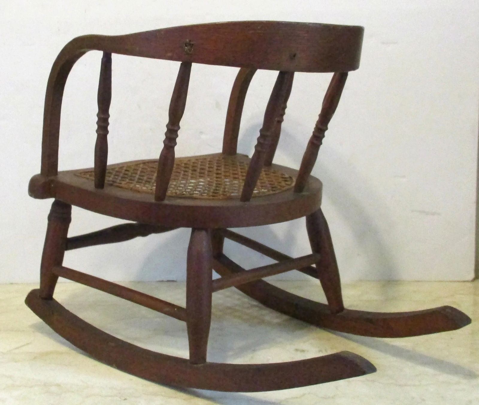 Antique Oak Curved Back Hand Woven Cane Seat Children's Rocking Chair - 4