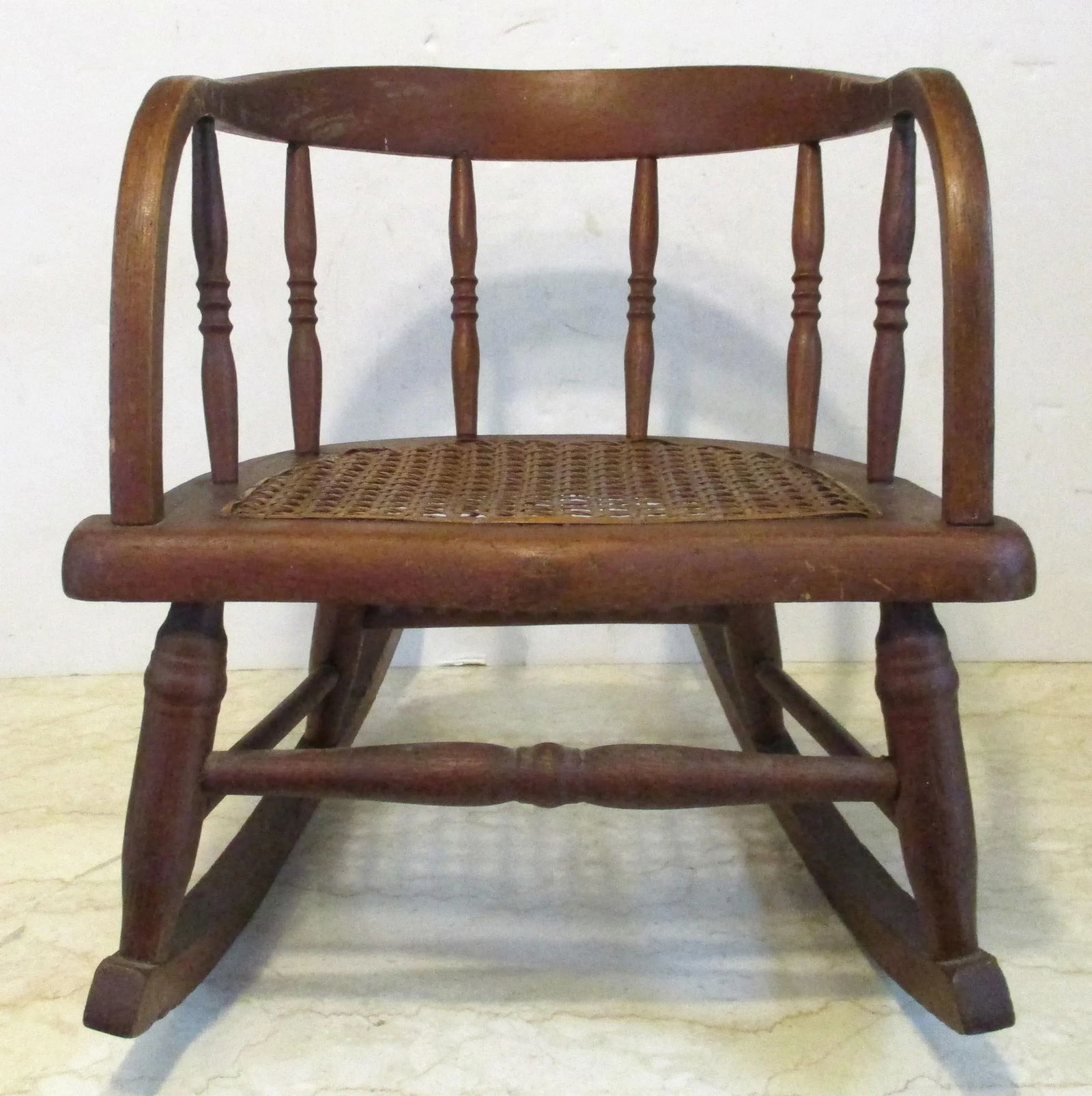 Antique Oak Curved Back Hand Woven Cane Seat Children's Rocking Chair - 5