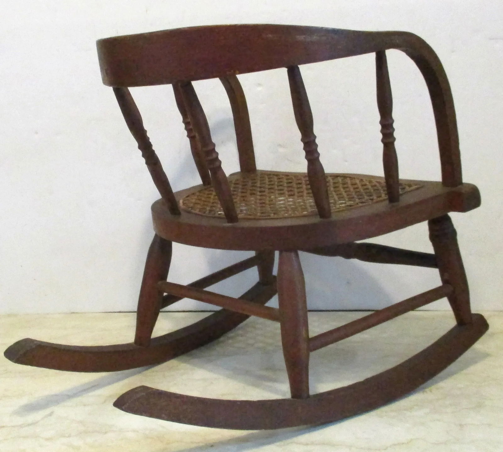 Antique Oak Curved Back Hand Woven Cane Seat Children's Rocking Chair - 8