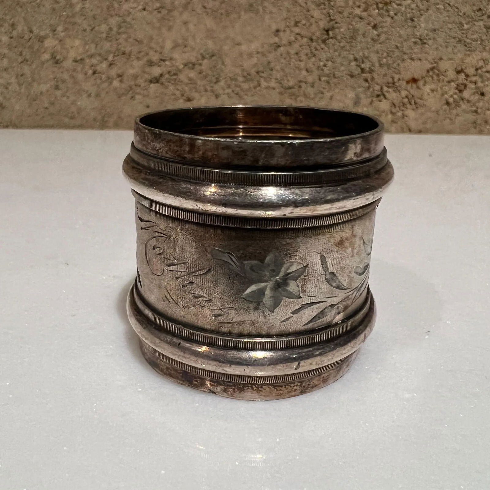 Vintage Floral Silverplated Napkin Ring Holder Inscribed Mother - 8