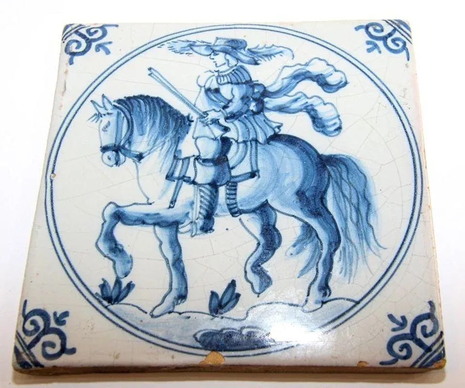 Early 20th Century Delft Ceramic Decorative Tile Featuring a Man on Horse - 11