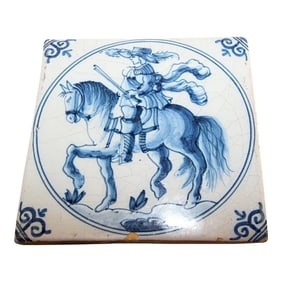 Early 20th Century Delft Ceramic Decorative Tile Featuring a Man on Horse