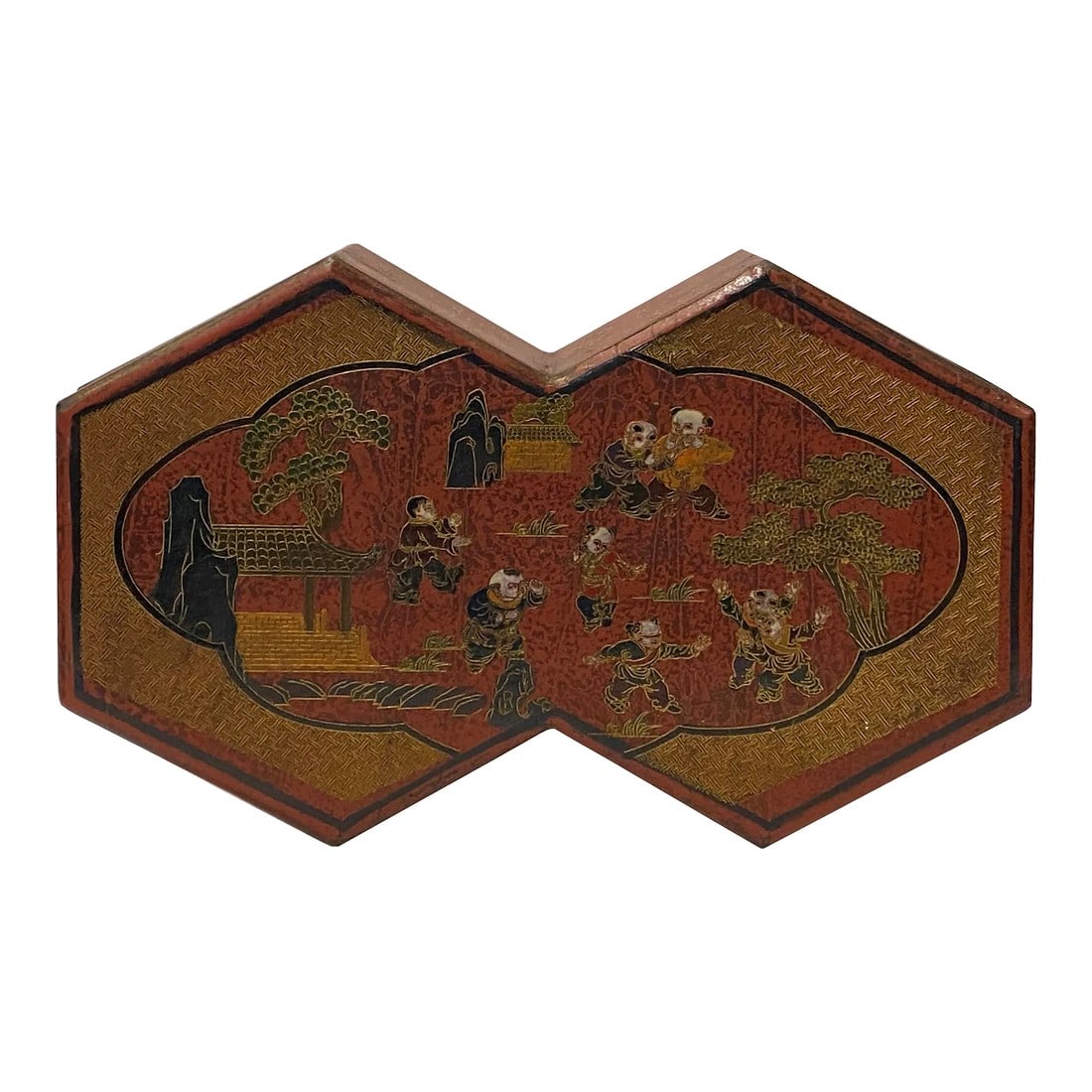 Chinese Distressed Brown People Graphic Rectangular Decagon Shape Box: This is a handmade Chinese accent Chinoiserie decorative box made of wood and finished with a distressed brown base color. The surface is a colorful graphic of Qing Dynasty style dragons and motifs.