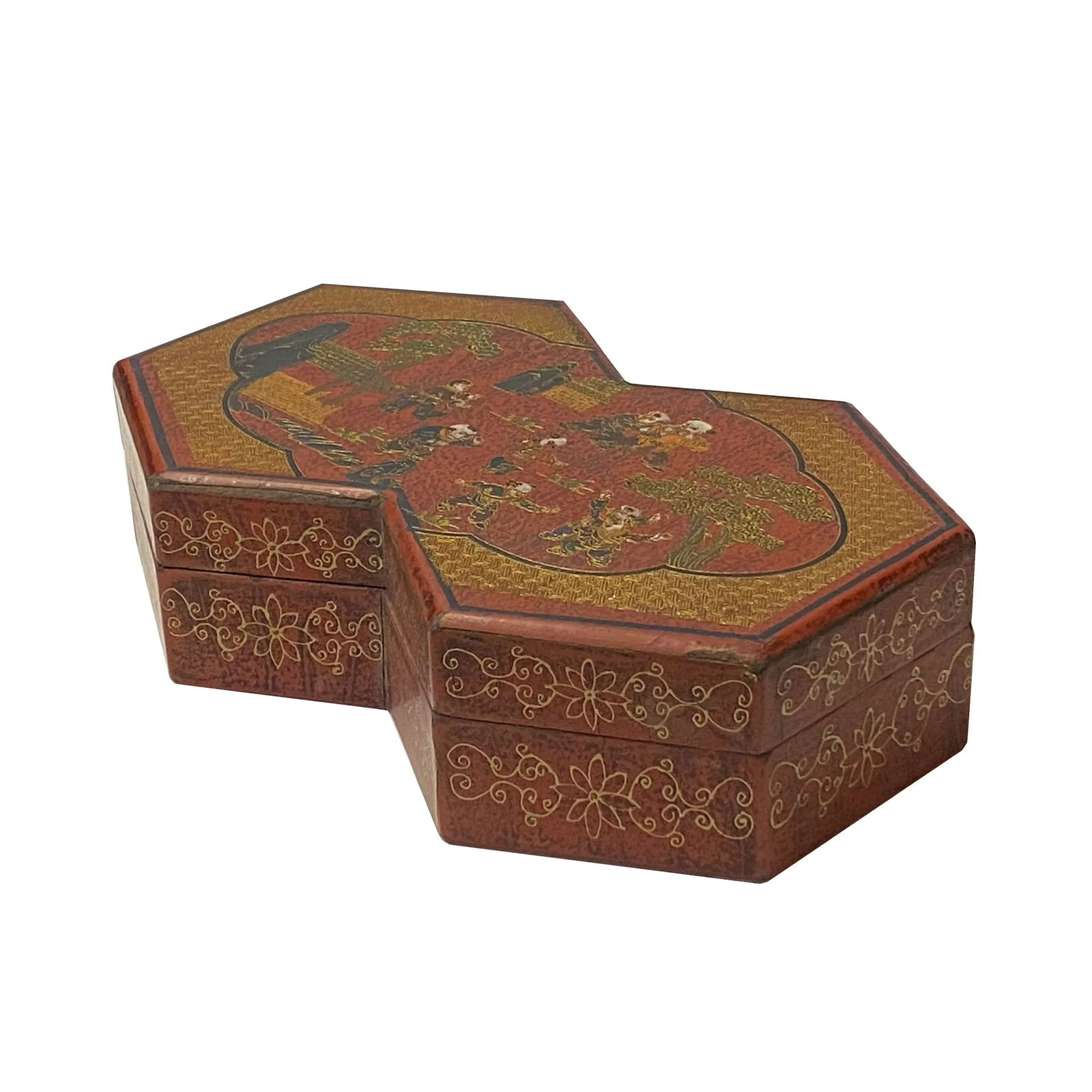 Chinese Distressed Brown People Graphic Rectangular Decagon Shape Box - 2
