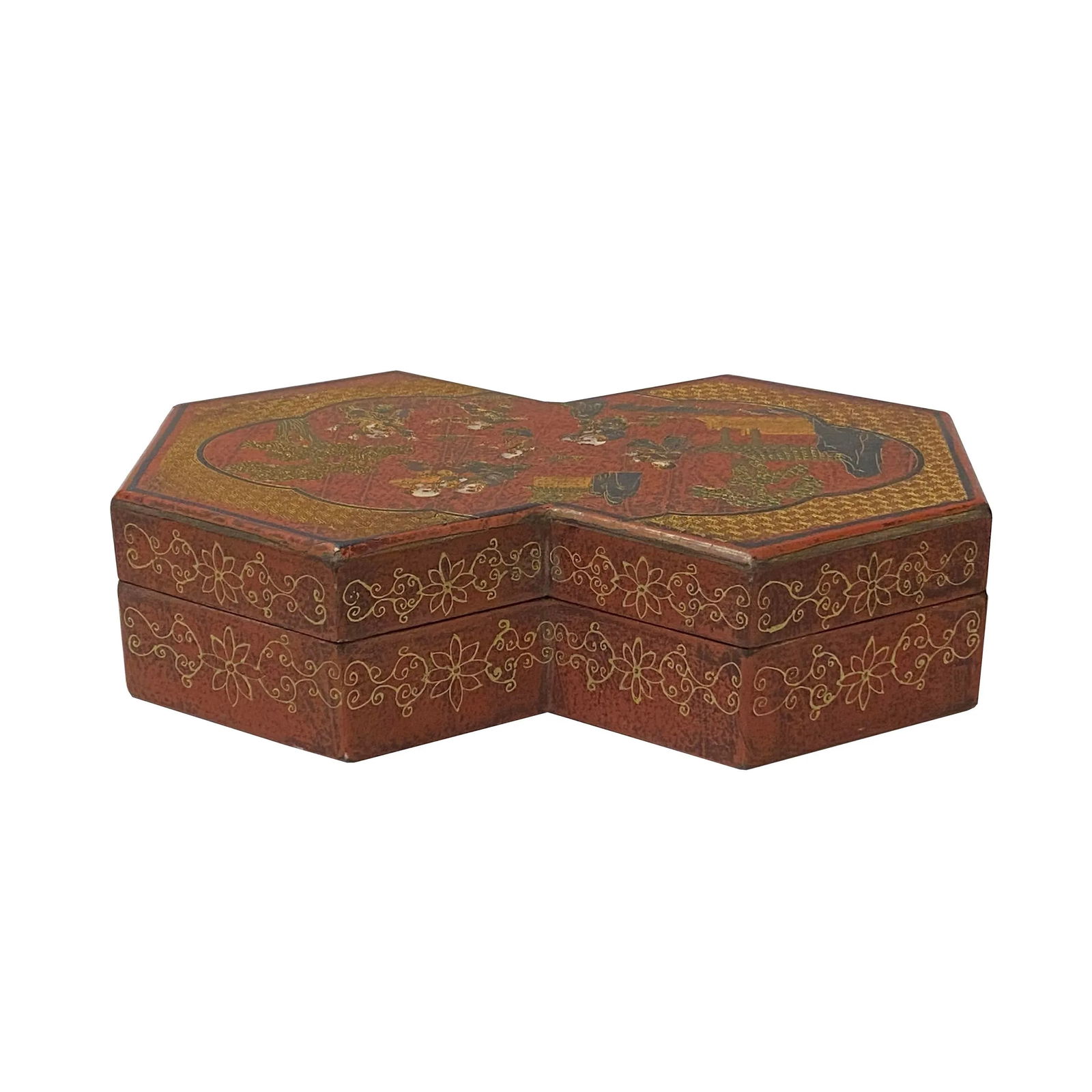 Chinese Distressed Brown People Graphic Rectangular Decagon Shape Box - 3