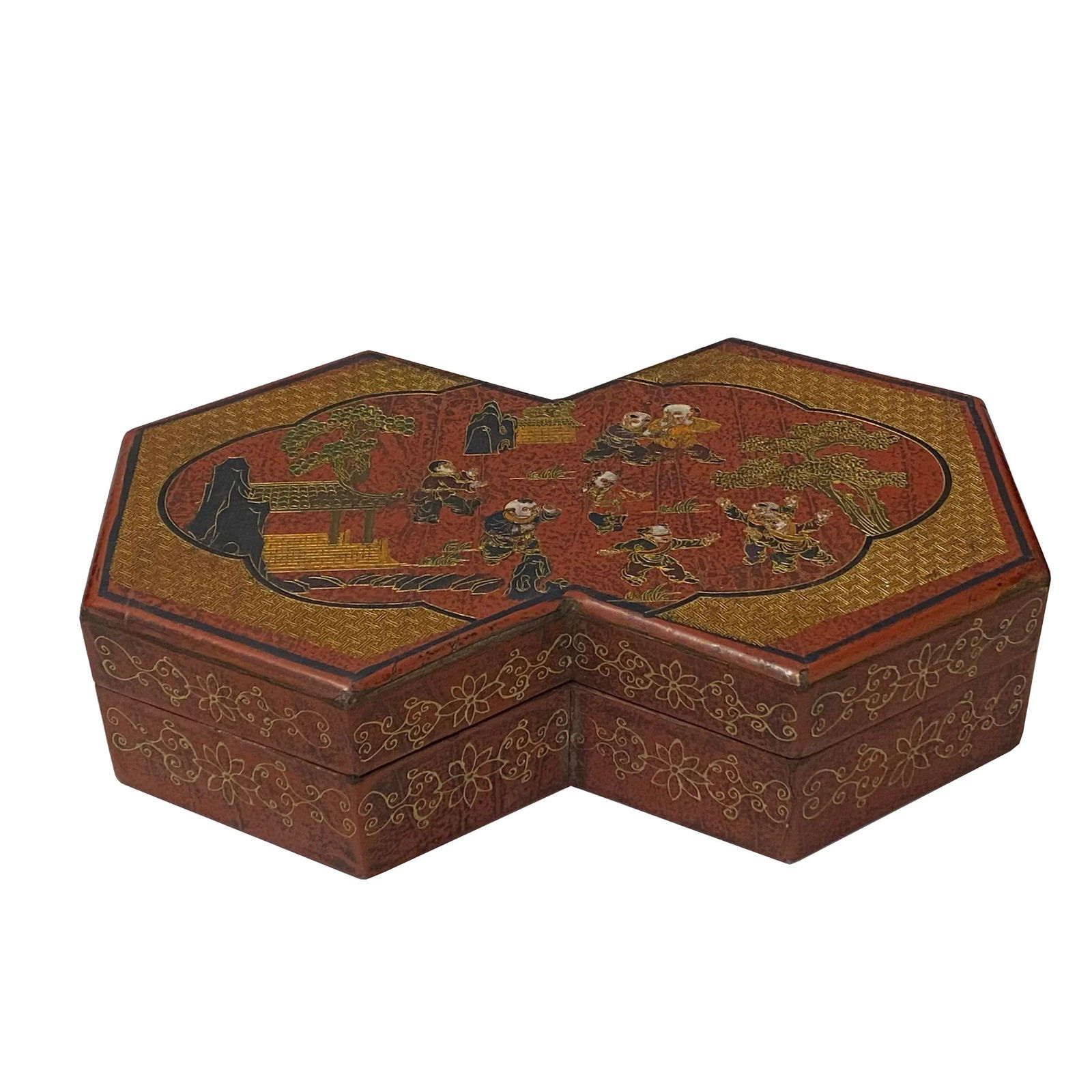 Chinese Distressed Brown People Graphic Rectangular Decagon Shape Box - 5