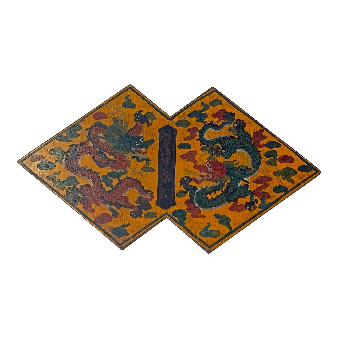 Chinese Distressed Yellow Lacquer Double Rhombus Dragons Graphic Box: This is a handmade Chinese accent decorative box made of wood and finished with a distressed yellow base color. The surface is a colorful graphic of Qing Dynasty style motifs. It is a production with