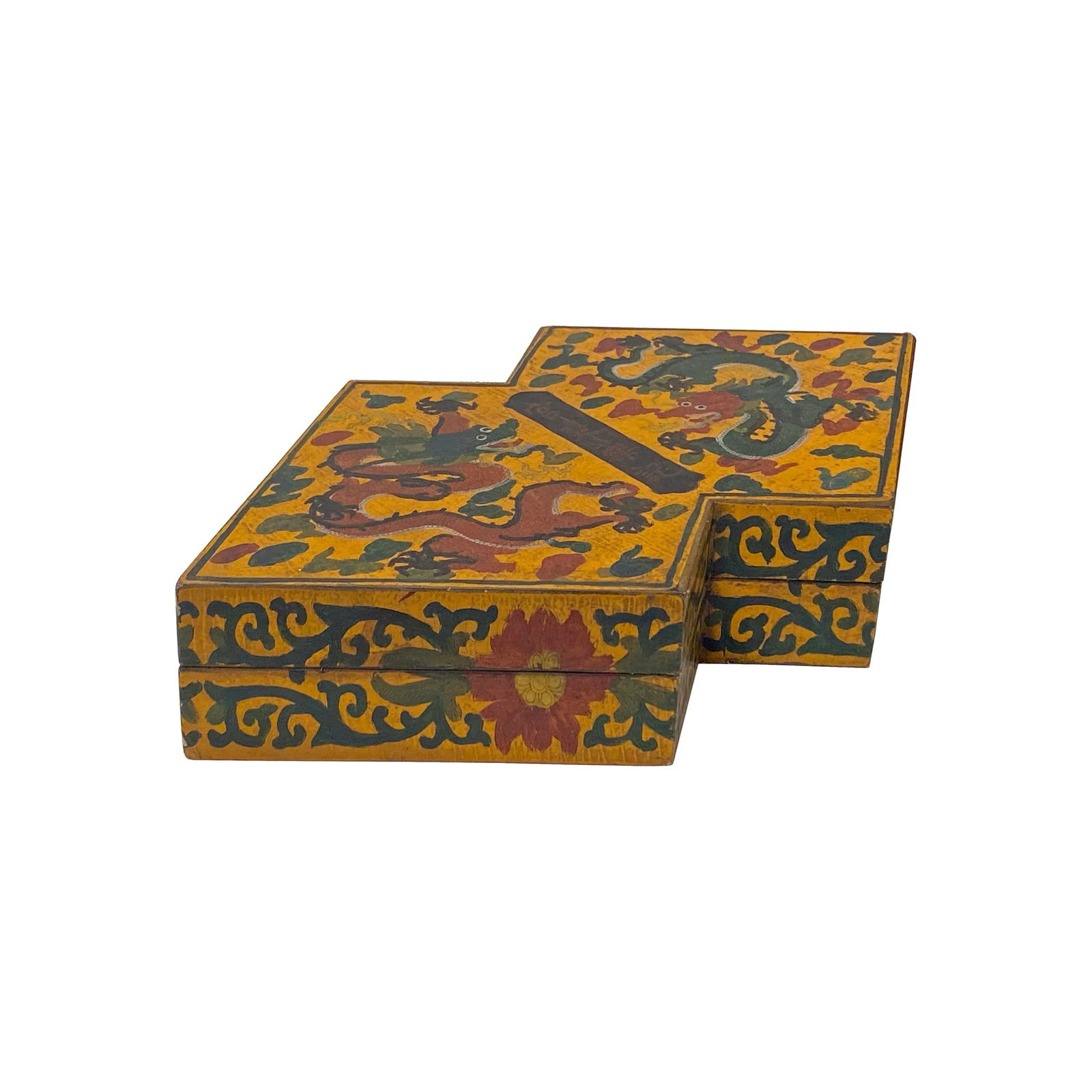 Chinese Distressed Yellow Lacquer Double Rhombus Dragons Graphic Box - 2