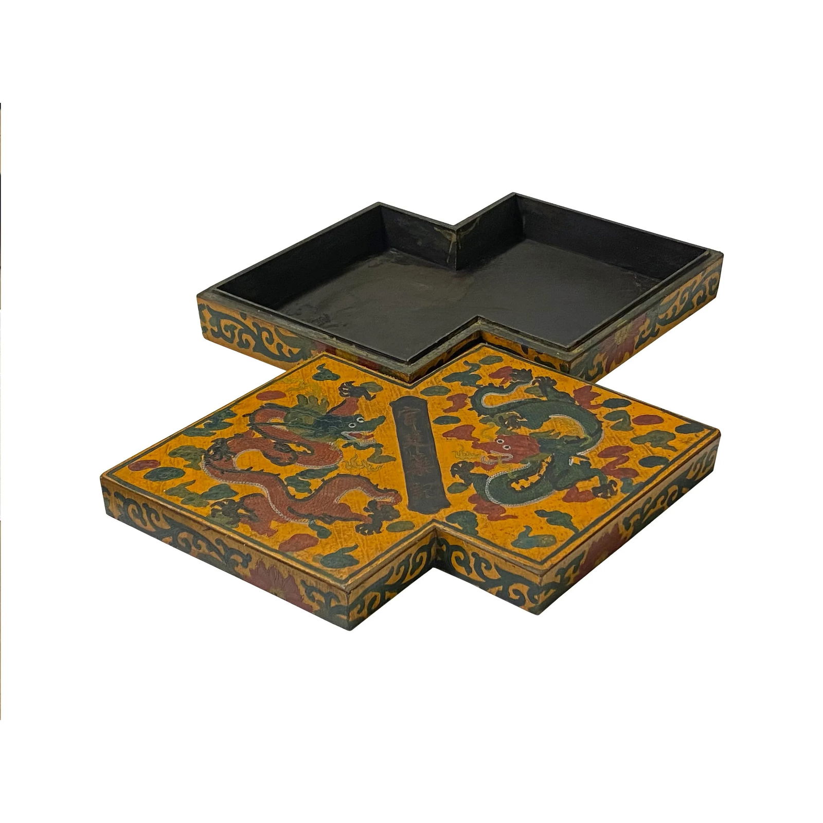 Chinese Distressed Yellow Lacquer Double Rhombus Dragons Graphic Box - 3