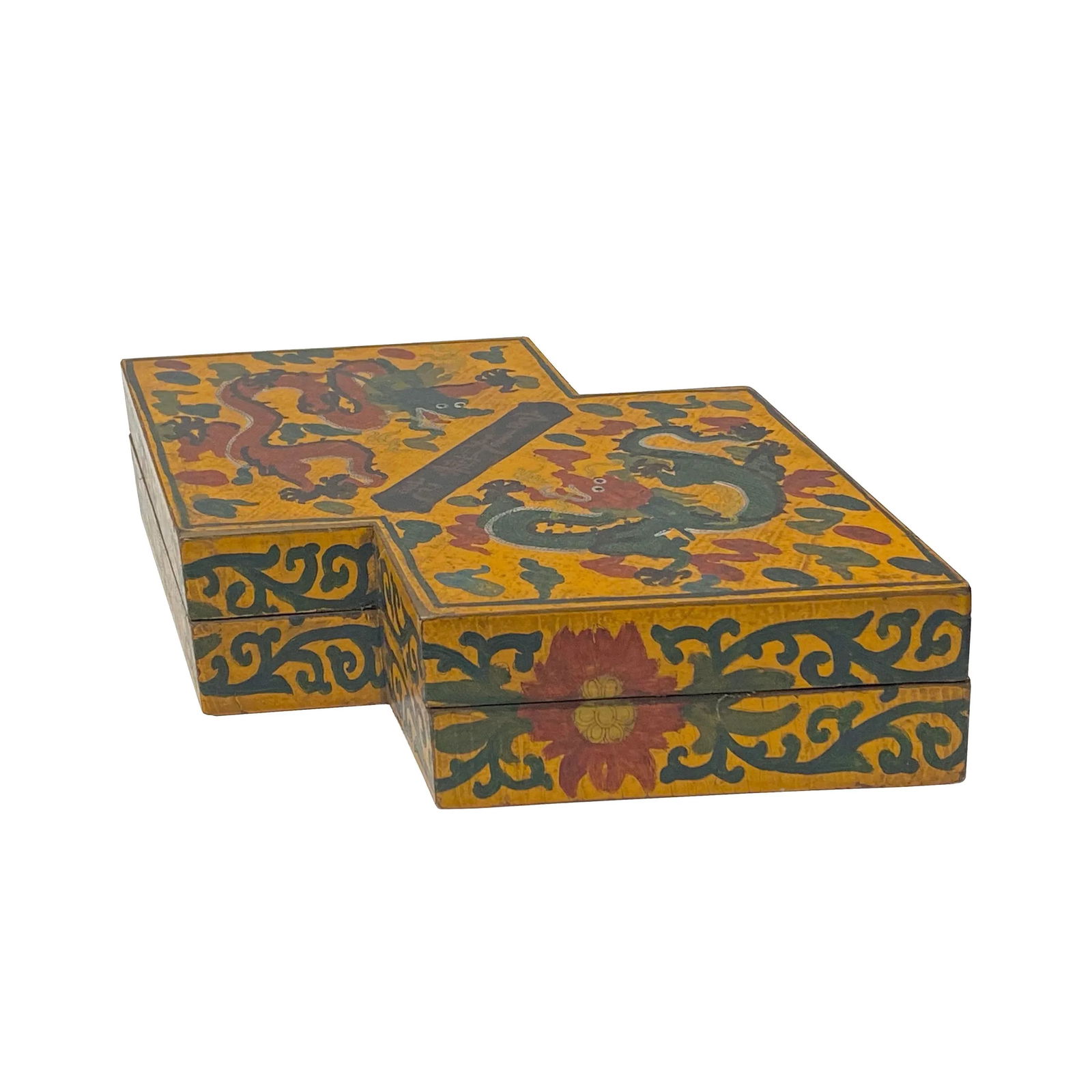 Chinese Distressed Yellow Lacquer Double Rhombus Dragons Graphic Box - 5