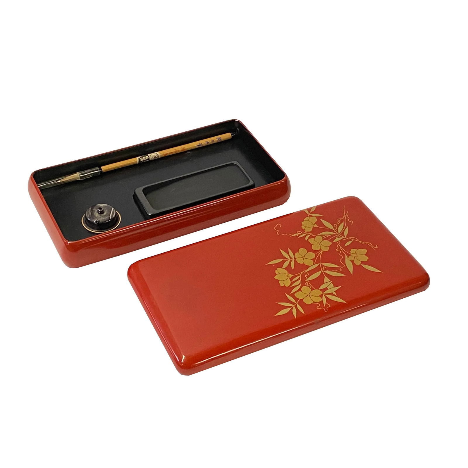 Oriental Asian Red Lacquer Wood Ink Well Dipping Pen Set Display - 2