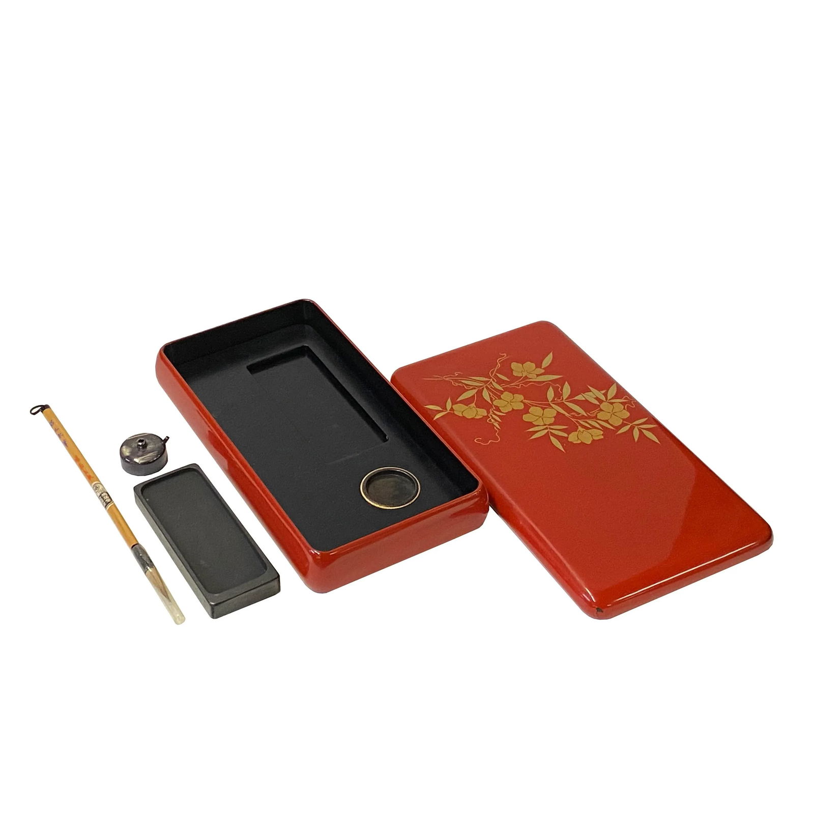 Oriental Asian Red Lacquer Wood Ink Well Dipping Pen Set Display - 5
