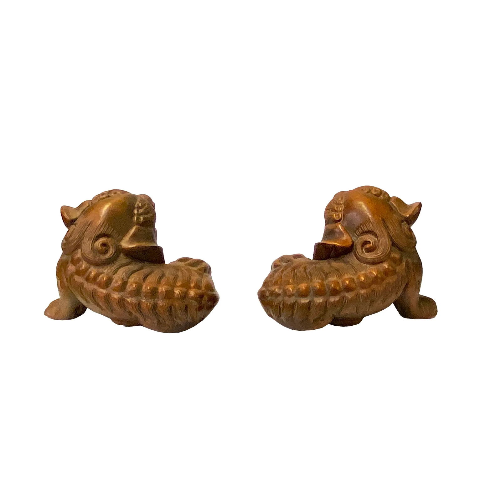 Chinese Pair Wood Carved Mini Foo Dog Lion FengShui Figure - 2