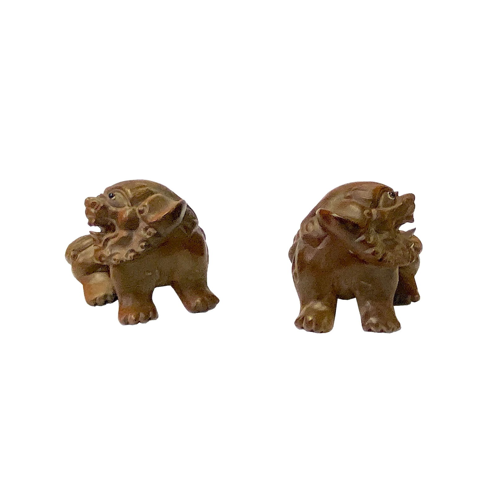 Chinese Pair Wood Carved Mini Foo Dog Lion FengShui Figure - 3