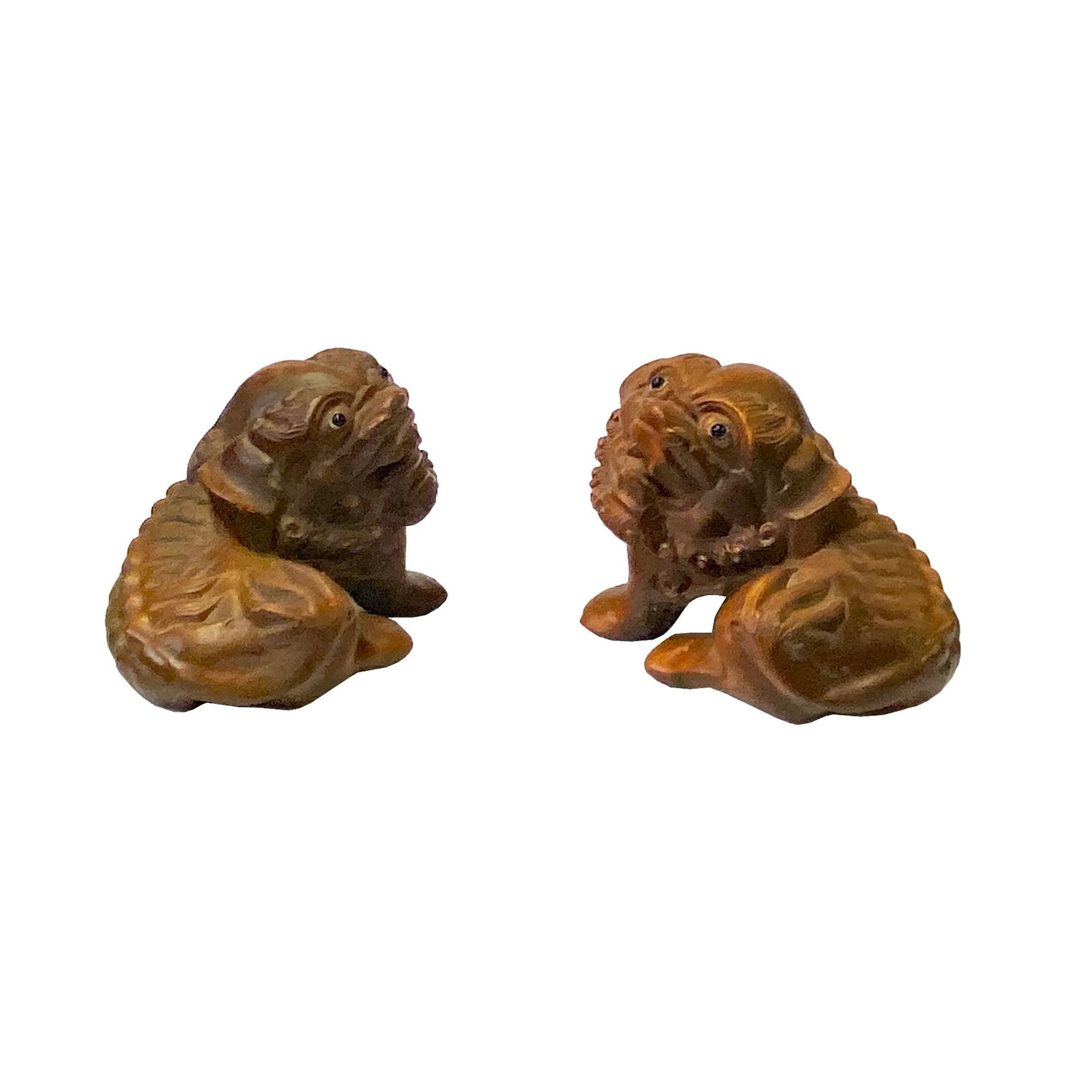 Chinese Pair Wood Carved Mini Foo Dog Lion FengShui Figure - 4