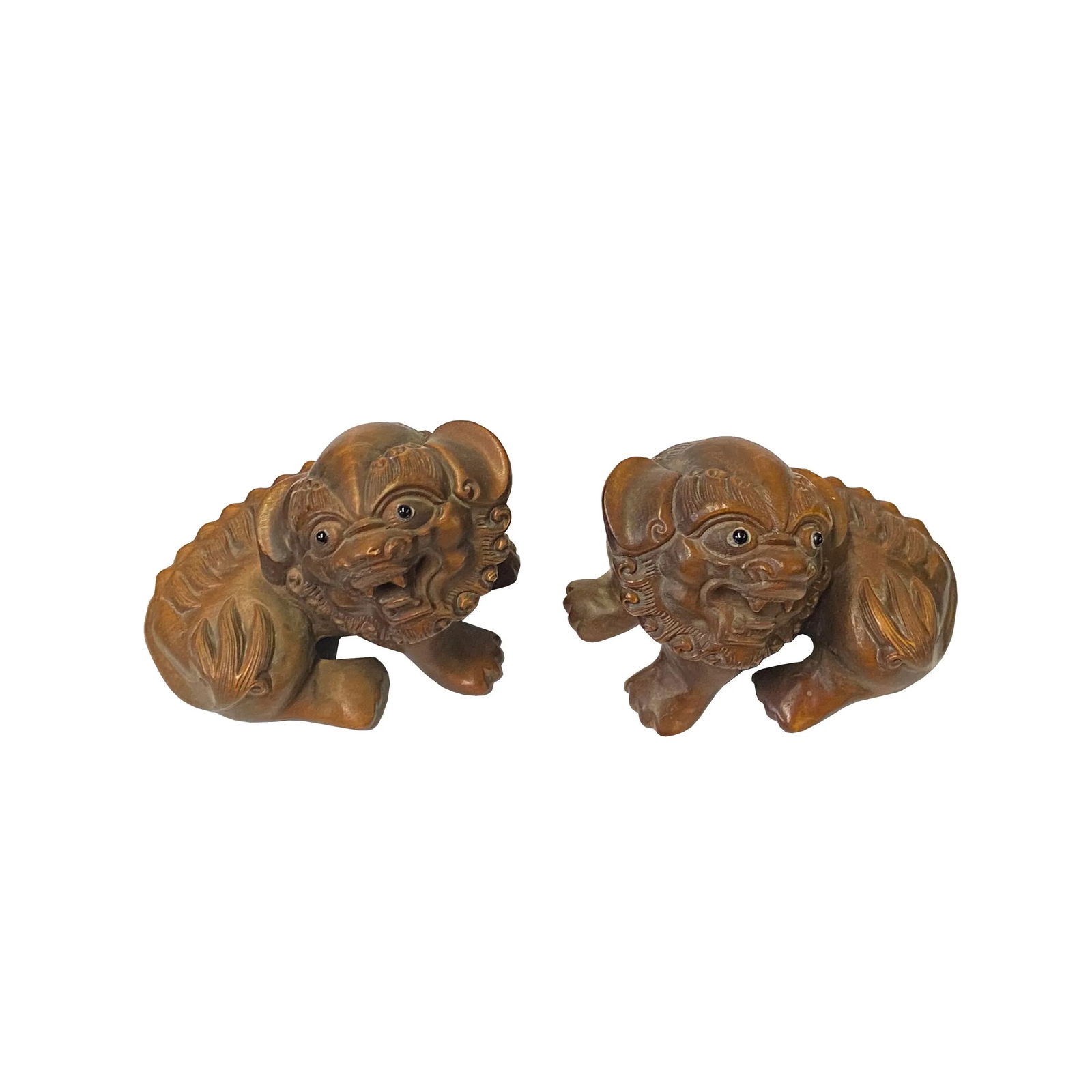 Chinese Pair Wood Carved Mini Foo Dog Lion FengShui Figure - 5
