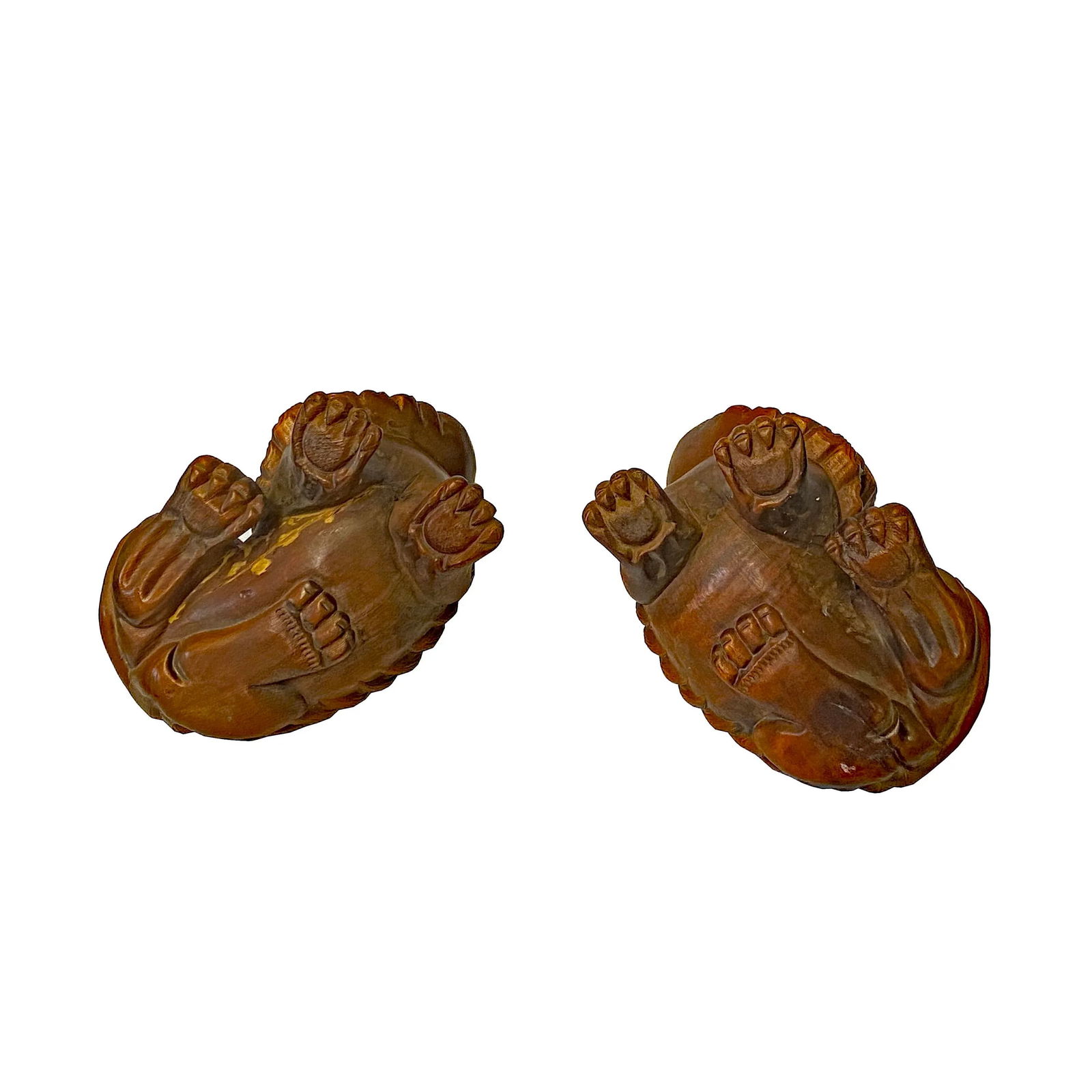 Chinese Pair Wood Carved Mini Foo Dog Lion FengShui Figure - 6