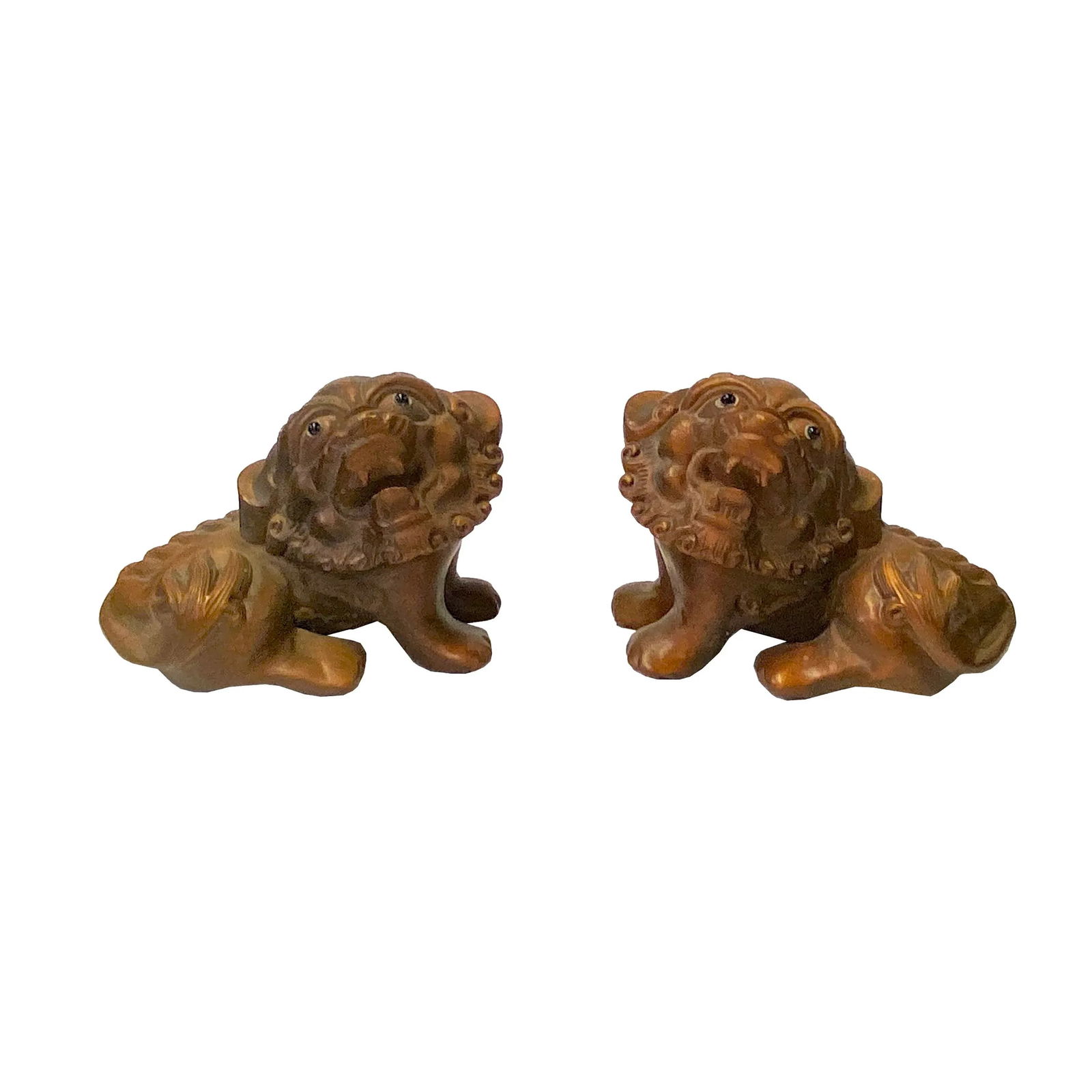 Chinese Pair Wood Carved Mini Foo Dog Lion FengShui Figure - 7