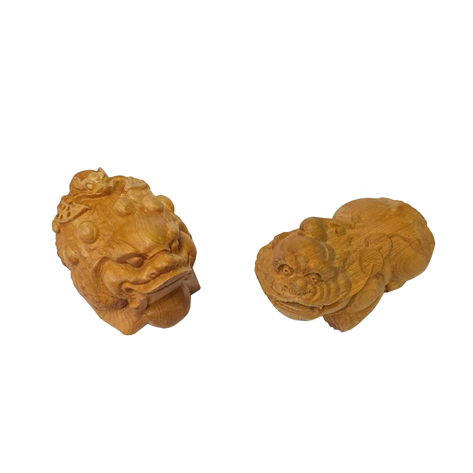 Chinese Pair Wood Carved Mini Mythical Pixiu FengShui Figures - 3