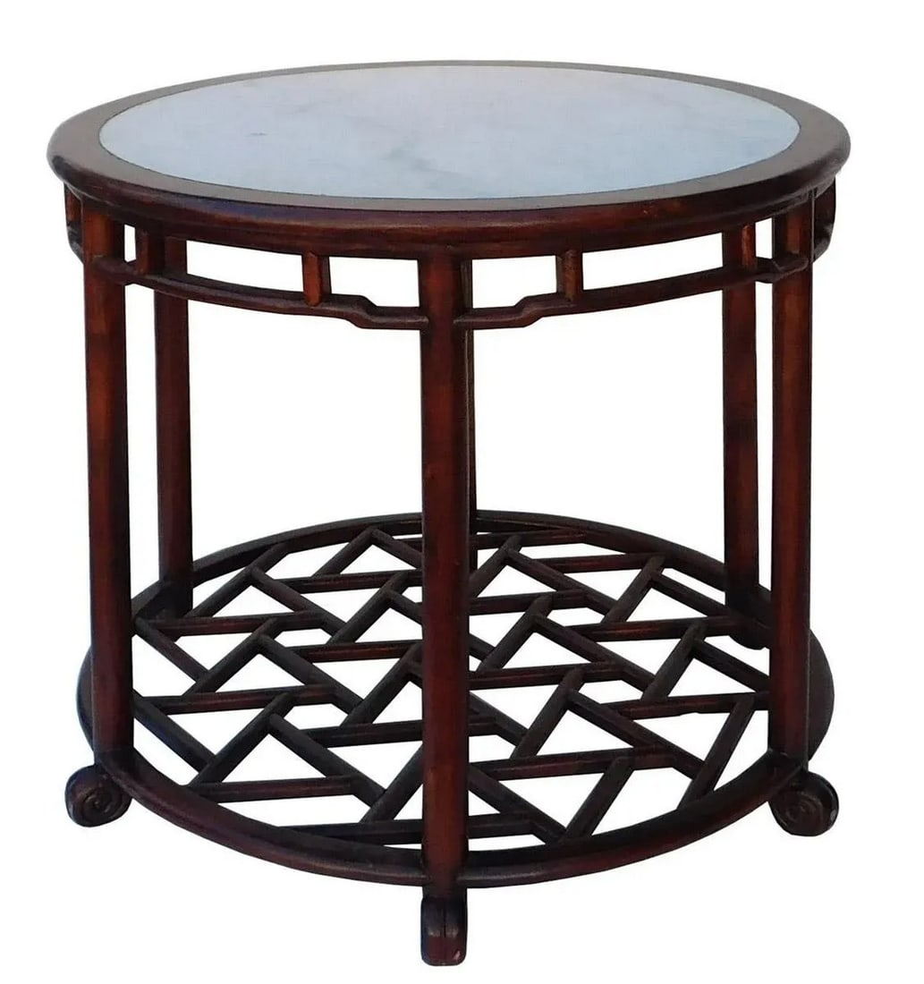 Chinese Style Round Marble Top Pedestal Table: This is a Chinese style round table with a white marble stone top and elm wood frame. It can be used as a pedestal table or as a tea table. This piece has a vintage finish and is handmade. Condition: