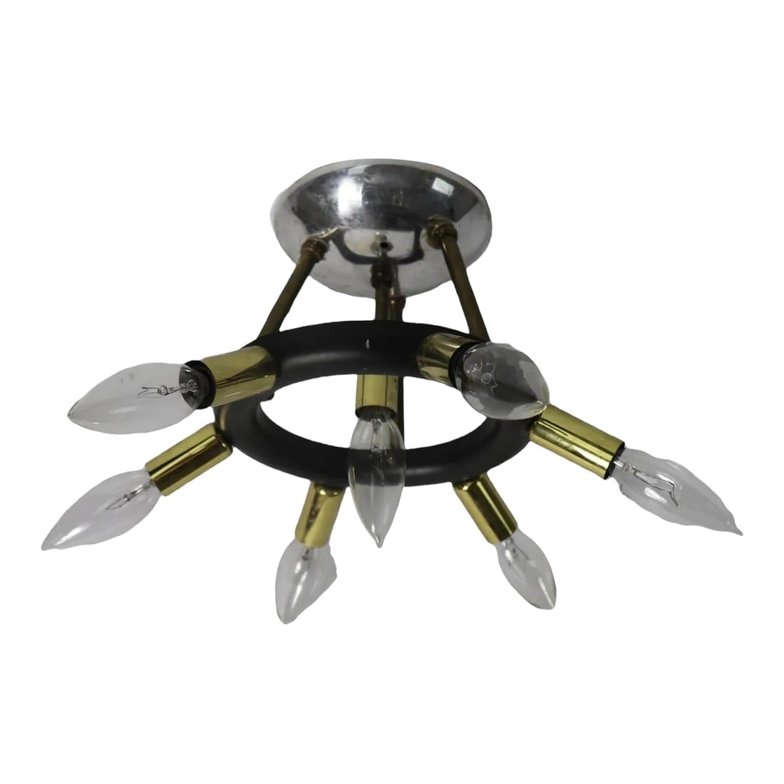 7 Light Mid Century Flush Mount Sputnik Chandelier: Unusual flush mount sputnik style fixture, having six sockets which radiate from the center, and surround a seventh center socket. The fixture has been tested, and is in good working condition, it