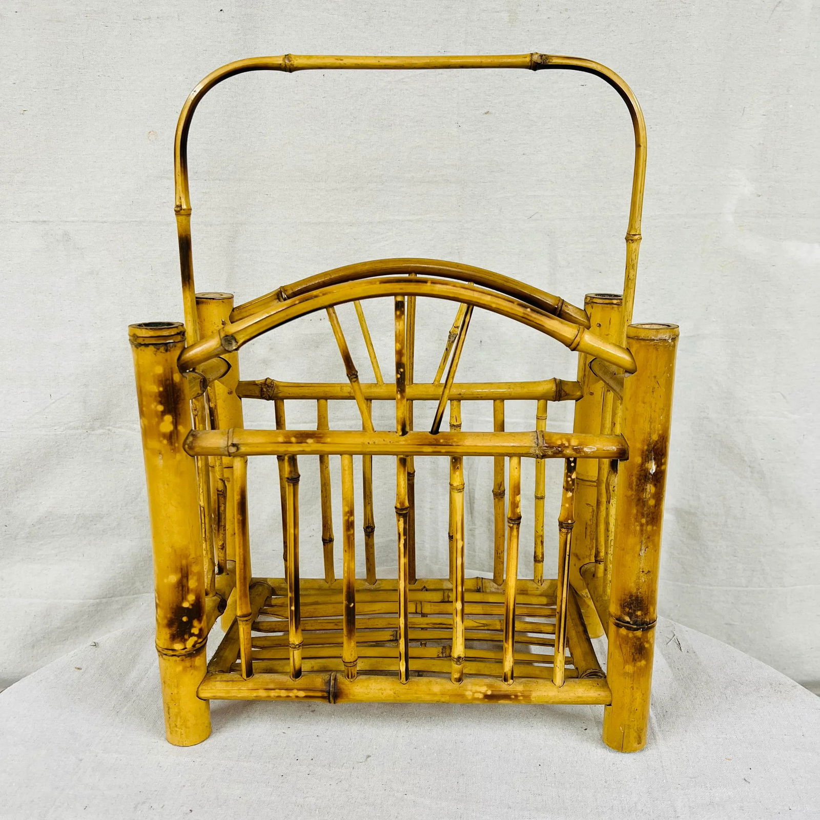 Burnt Rattan and Bamboo Magazine Rack With Arch Top - 2