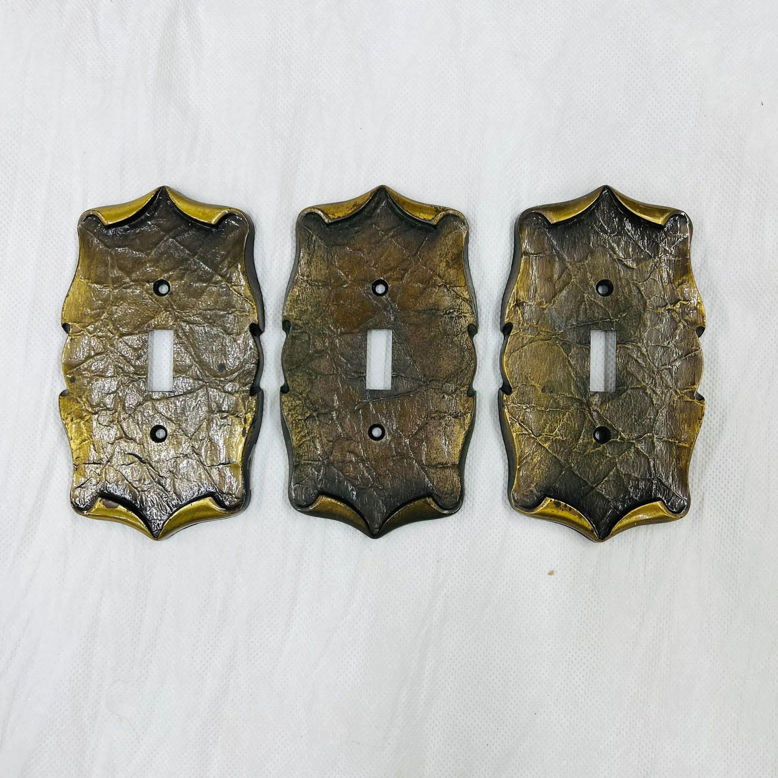 Mid Century Antique Brass Plated Scroll Switch Plates - Set of 3 - 9