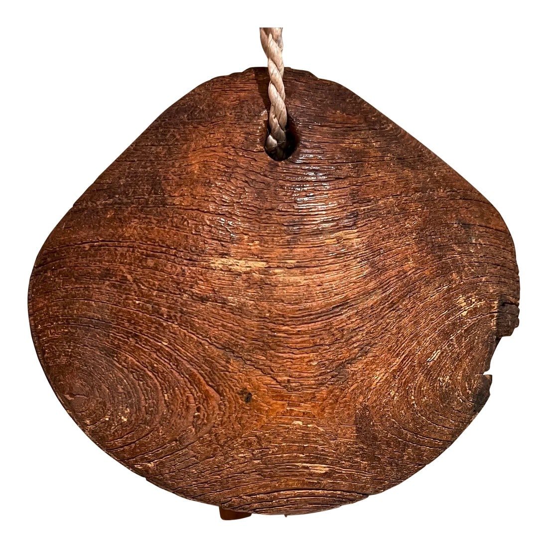 1930s Farmhouse Rustic Cow Bell Solid Oak Wood: AMBIANIC presents 1930s Antique Oak Wood Cow Bell Farmhouse Rustic crafted in Solid Oak Bell on Rope 6 tall x 7 w 4 d Original vintage unrestored fair condition. Patina present.Â minor